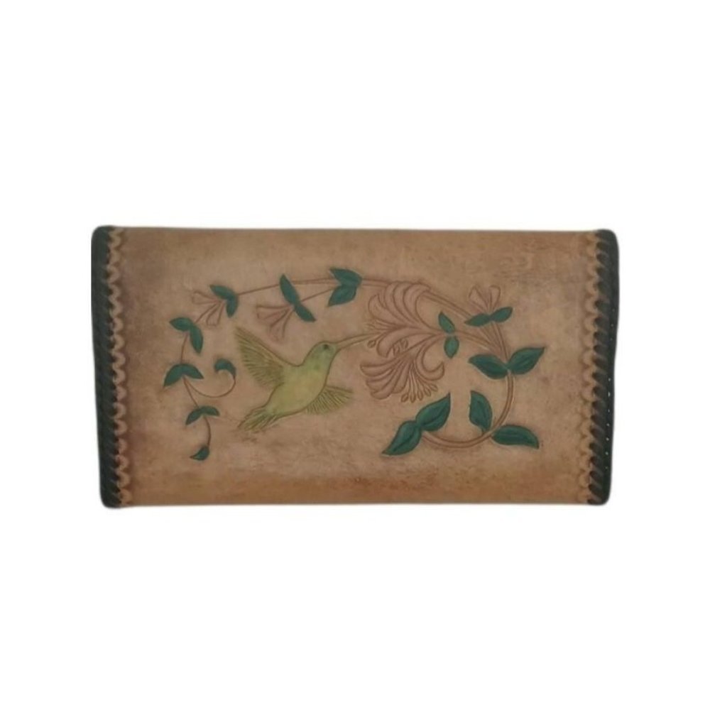 Vintage Wallet Hand Tooled Leather Wallet Hummingbird Floral Scene‎ Whipstitched